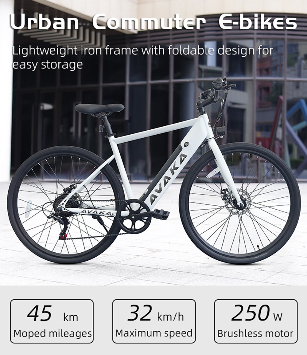 Elektrobicykel AVAKA R1, 250W motor, 36V 7.8Ah batéria, pneumatiky 700C, max. rýchlosť 32 km/h, max. dojazd 45 km, mechanické kotúčové brzdy, 7-rýchlostná prevodovka Shimano, inteligentný LCD displej - sivá