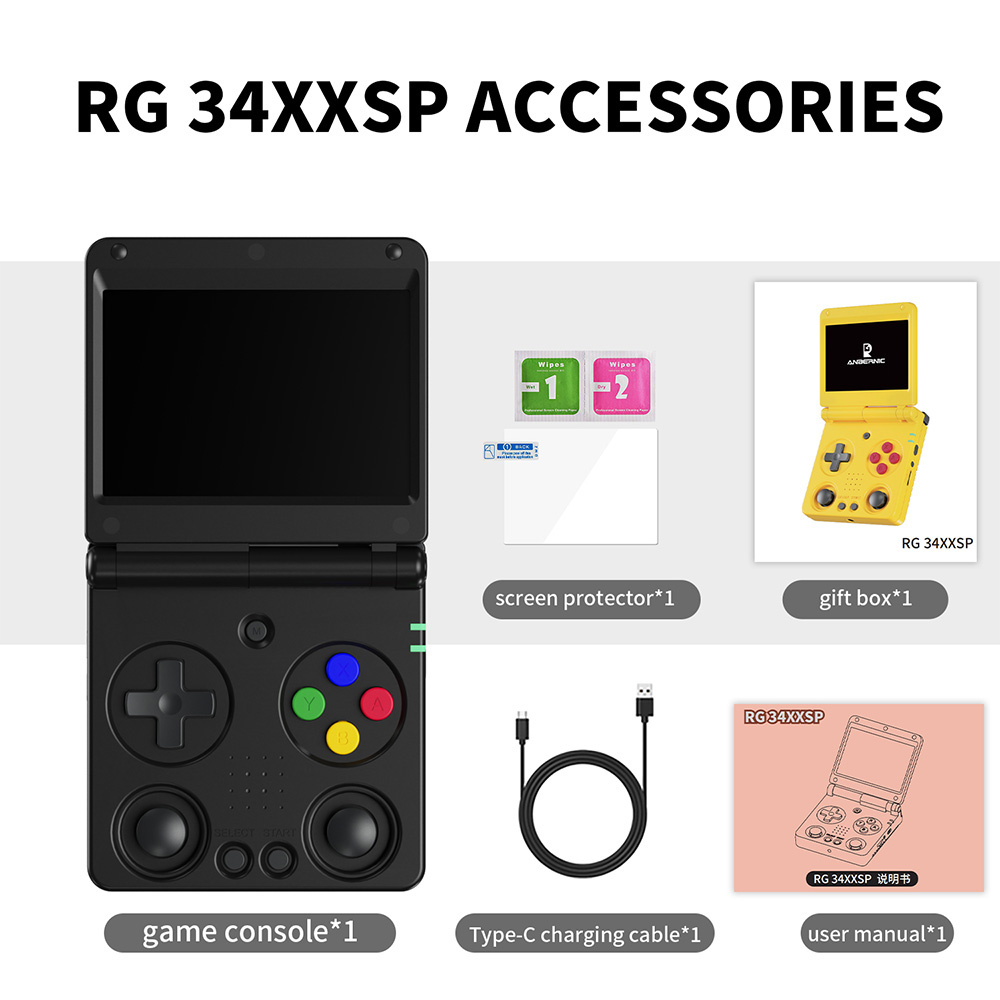 ANBERNIC RG34XXSP Flip Game Console, 64GB TF Card with 4000+ Games, 3.4 inch 720*480 IPS Screen, 30+ Emulators, 6 Hours Playtime, 5G WiFi, Multimedia Apps - Black