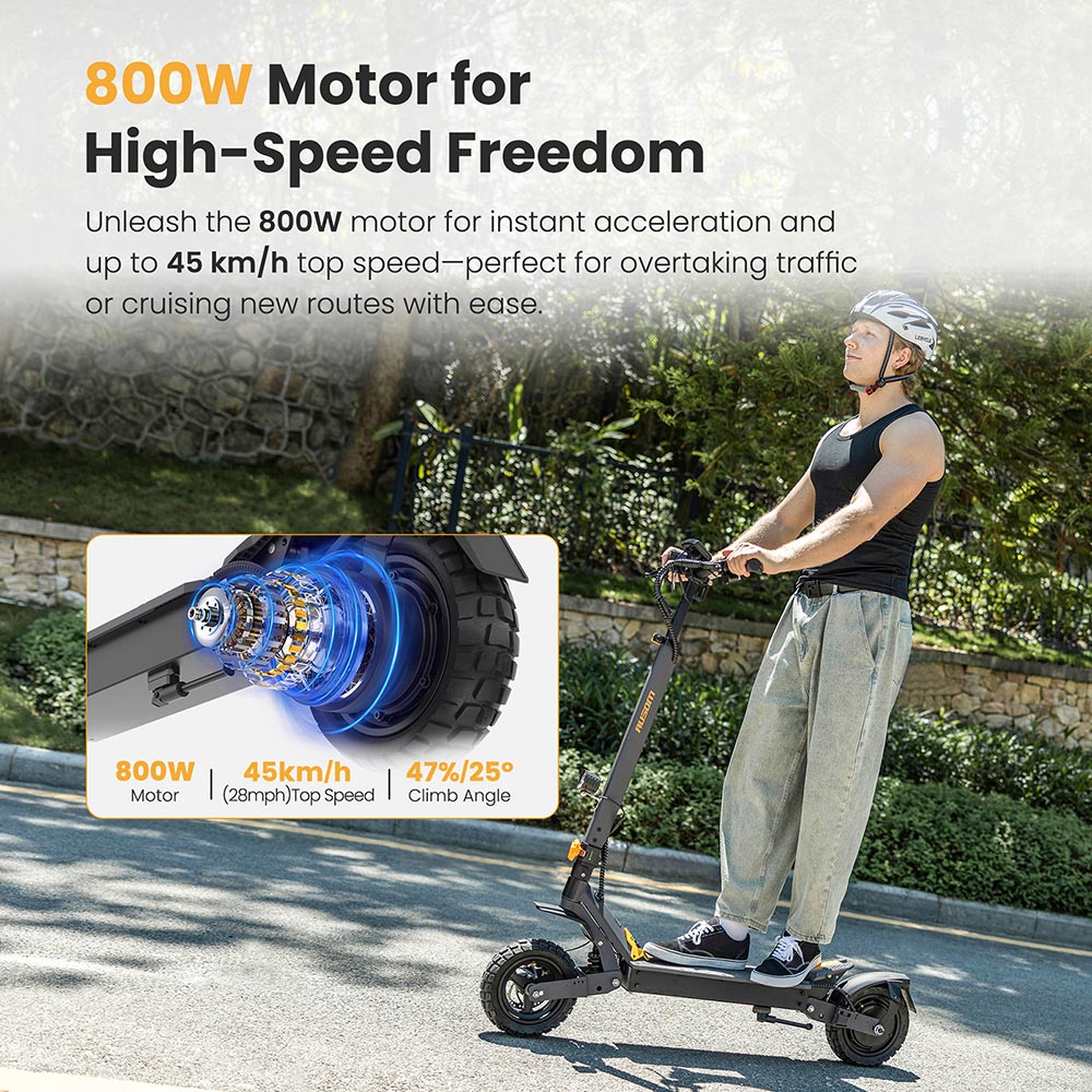 Elektrická kolobežka Ausom L1, 800W motor, 48V 15,6Ah batéria, 10-palcové pneumatiky, max. rýchlosť 45 km/h, dojazd 70 km, predné a zadné kotúčové brzdy, dvojité odpruženie kyvnej vidlice, NFC & Passcode Lock