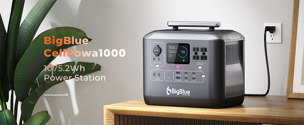 BigBlue CellPowa 1000 Portable Power Station, 1075,2Wh 1000W solárny generátor, 3500+ cyklus LiFePO4, 0-80% za 1.5Hrs, LED, 4*AC, 2*DC, 2*USB-A, 4*USB-C, 1*Car Port