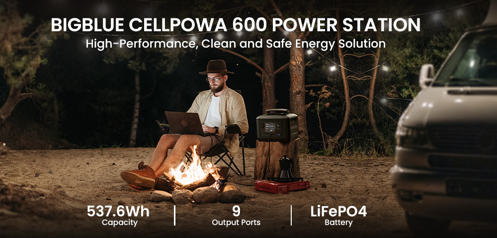 Bigblue CellPowa 600 Portable Power Station, 537Wh 600W Outdoor Generator, LiFePO4 3500+ Cycle, 0-80% in 1.6Hrs, 2*AC, 2*DC, 2*USB-A, 2*USB-C, 1*Car Port