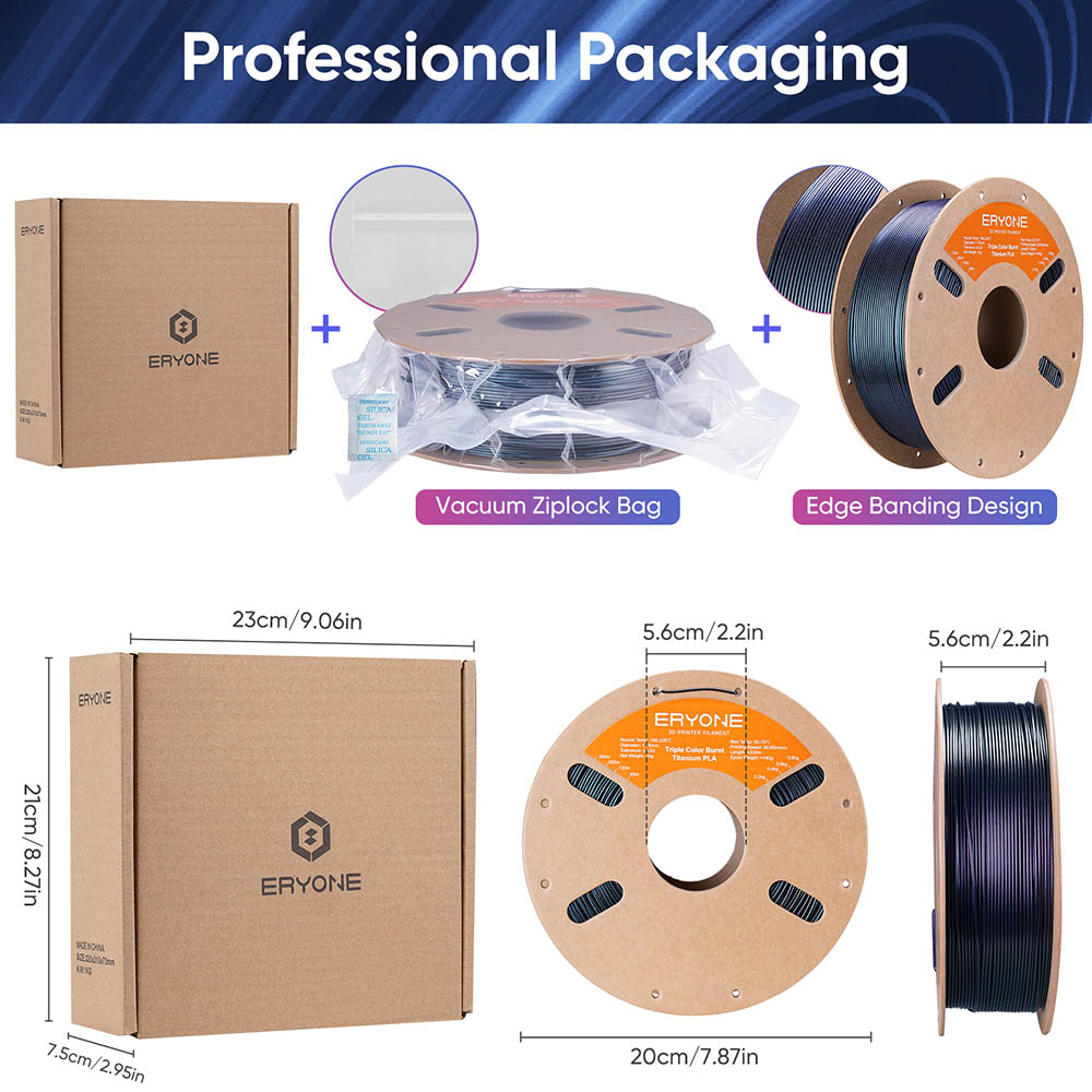 ERYONE Burnt Titanium Tri Color PLA Filament 1kg - Blue & Black & Rose-red