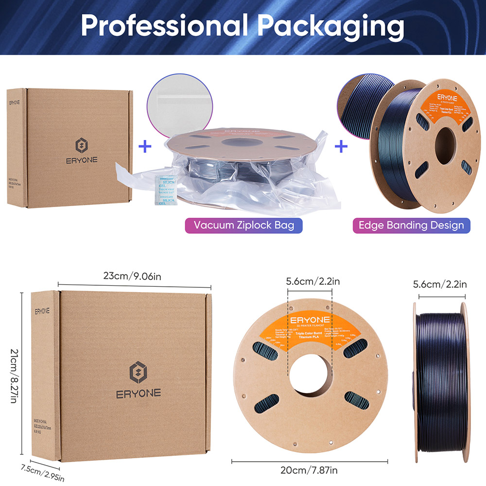 ERYONE Burnt Titanium Tri Color PLA Filament 1kg - Blue & Green & Rose-red