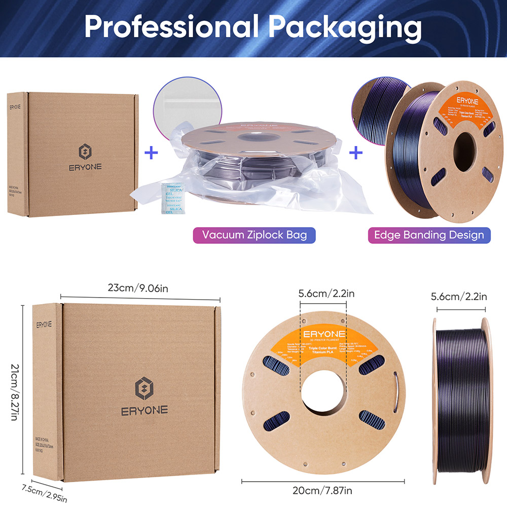 ERYONE Burnt Titanium Tri Color PLA Filament 1kg - Green &; Rose-red & Purple-blue