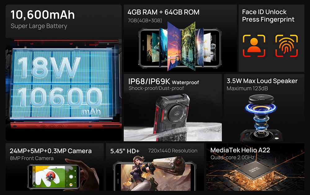 FOSSiBOT F101 Smartphone Robust, 4GB+64GB, Triple Caméra IA, Haut-parleur 123dB, Batterie 10600mAh, Déverrouillage Empreinte/Visage, Écran 5,45 Pouces HD+ IPS, Android 12 - Noir et Rouge