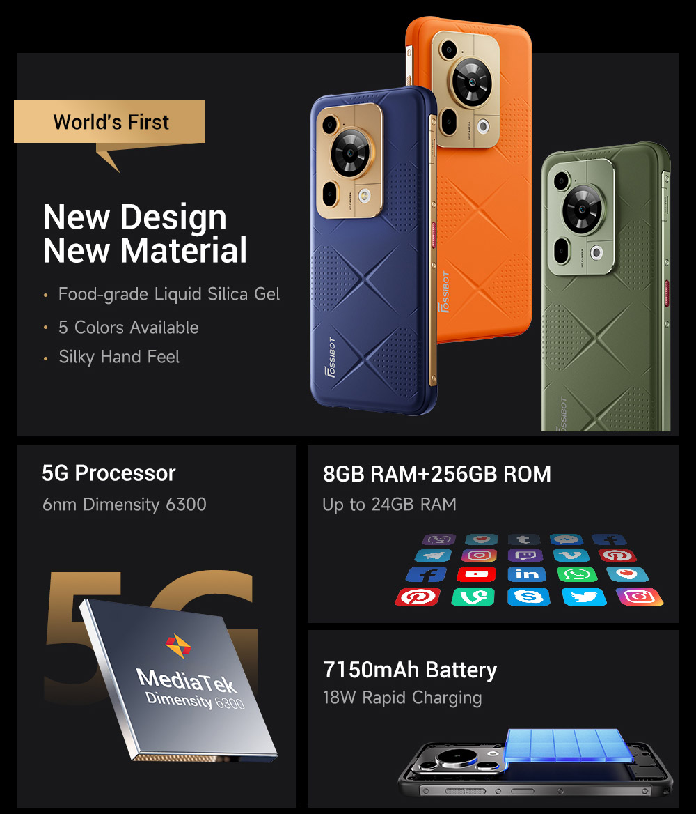 FOSSiBOT F112 Pro 5G odolný telefón, 50MP+5MP zadný fotoaparát, 7150mAh batéria, 6.88-palcový HD+ displej, 8 GB RAM 256 GB ROM, Android 14, IP68/IP69K, zelený