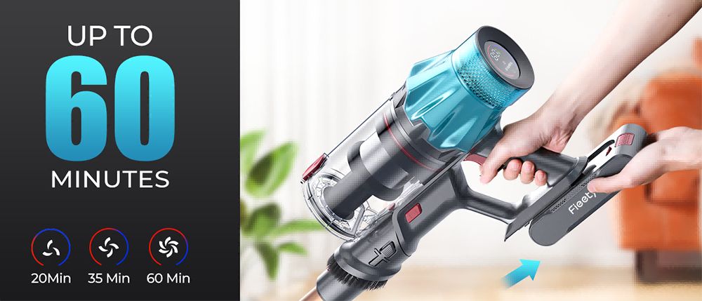 Fieety V7 Cordless Vacuum Cleaner, 45kPa Strong Suction, 60min Runtime, 7-Layer Filtration, LED Touch Screen, for Carpets & Hard Floors