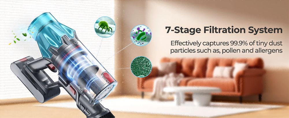 Fieety V7 Cordless Vacuum Cleaner, 45kPa Strong Suction, 60min Runtime, 7-Layer Filtration, LED Touch Screen, for Carpets & Hard Floors