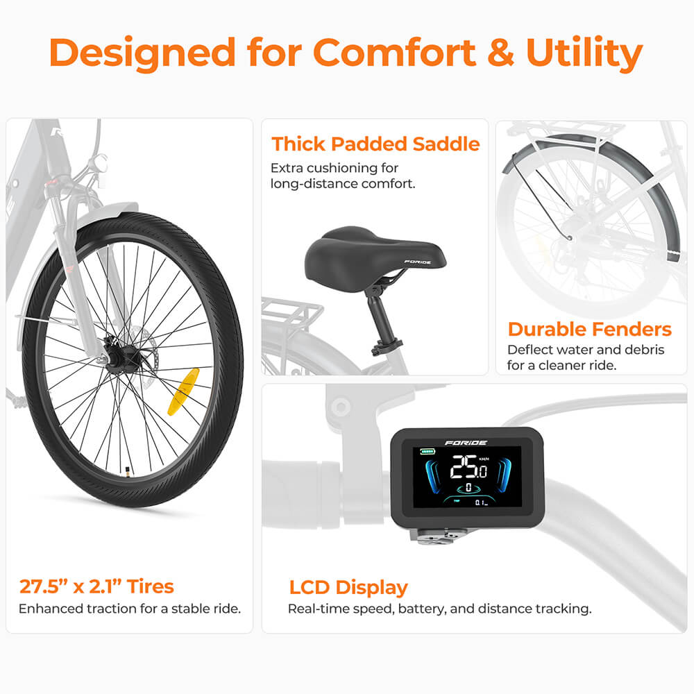 Foride Roamer 1 Step-thru Electric Bike, 250W motor, 36V 13Ah batéria, 27,5 palcové pneumatiky, max. rýchlosť 25km/h, max. dojazd 100km, kotúčové brzdy, odpruženie s uzamykaním, Shimano 7 rýchlostí - sivá