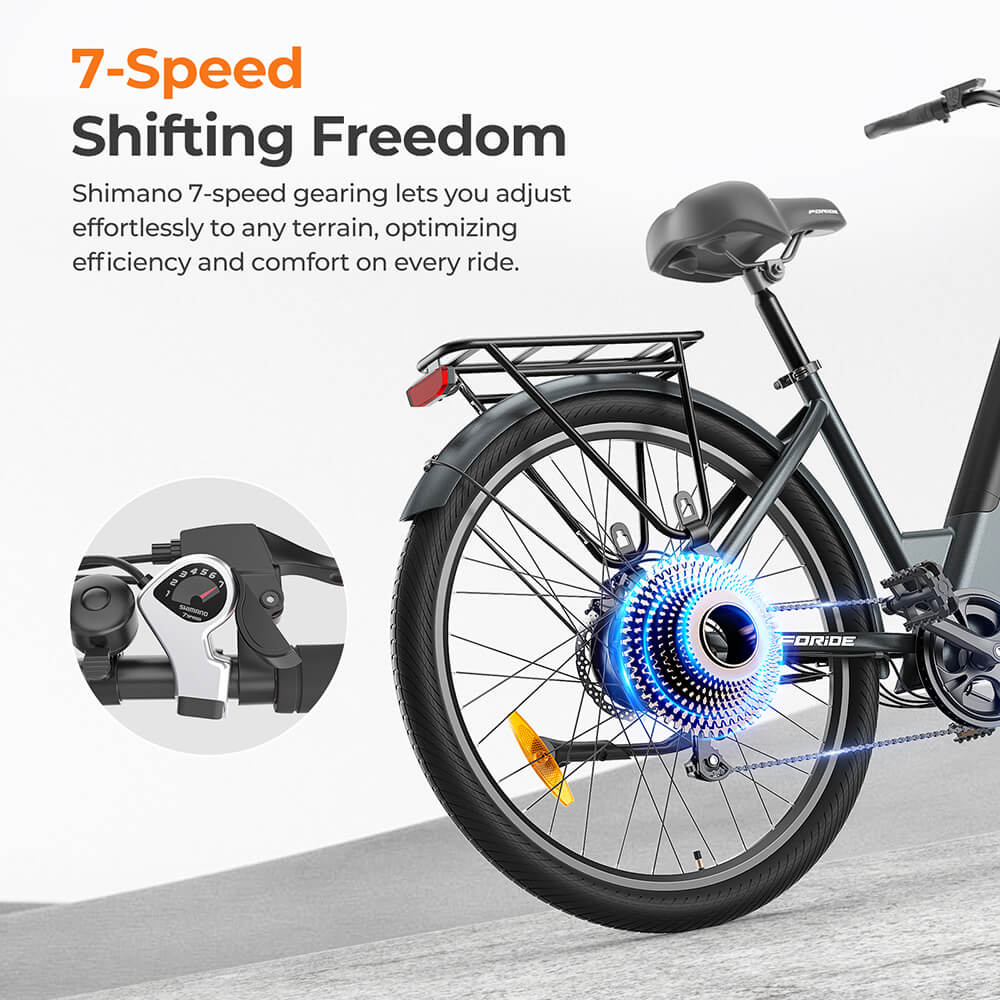 Foride Roamer 1 Step-thru Electric Bike, 250W motor, 36V 13Ah batéria, 27,5 palcové pneumatiky, max. rýchlosť 25km/h, max. dojazd 100km, kotúčové brzdy, odpruženie s uzamykaním, Shimano 7 rýchlostí - sivá
