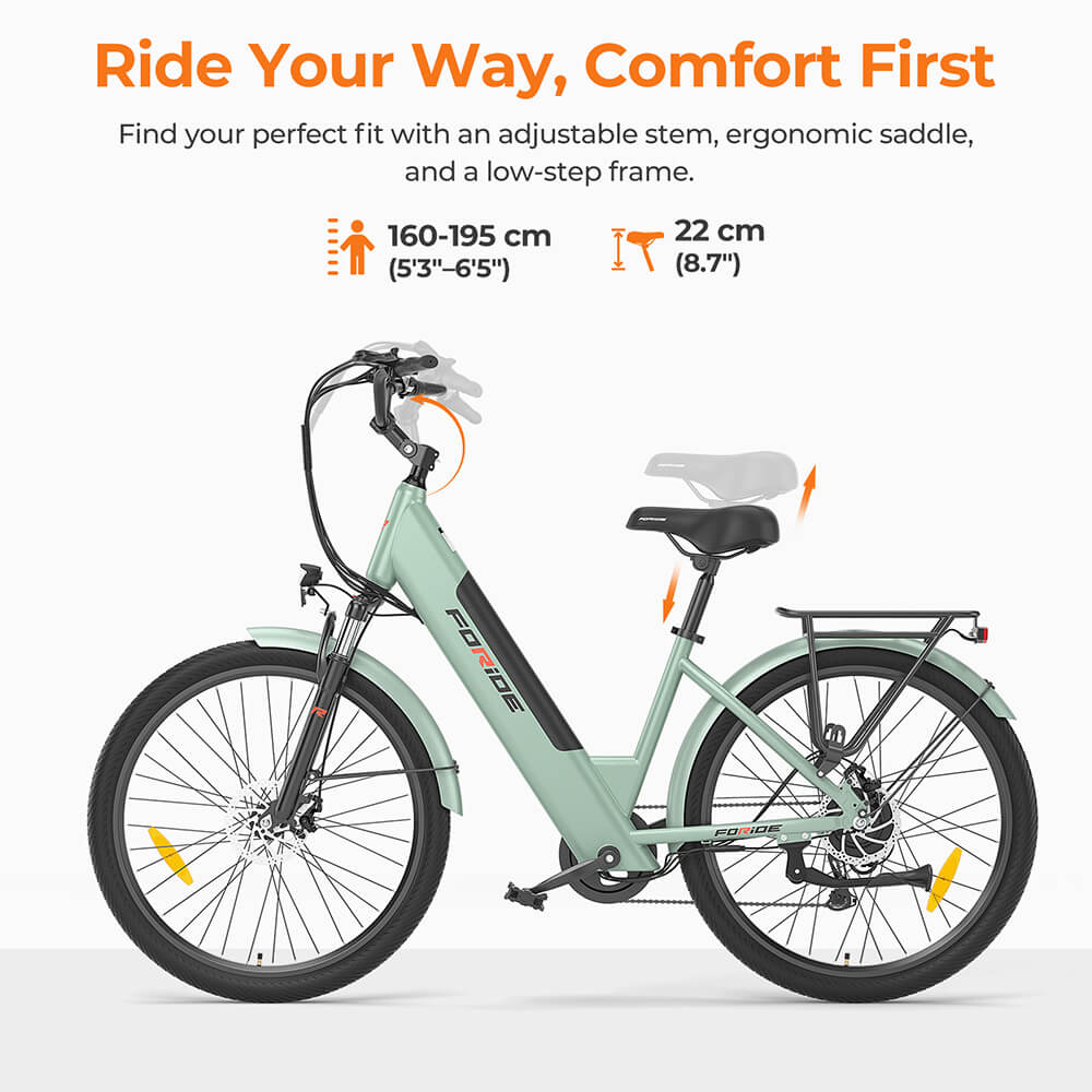 Foride Roamer 1 Step-thru Electric Bike, 250W motor, 36V 13Ah batéria, 27,5 palcové pneumatiky, max. rýchlosť 25km/h, max. dojazd 100km, kotúčové brzdy, odpruženie s uzamykaním, Shimano 7 rýchlostí - sivá