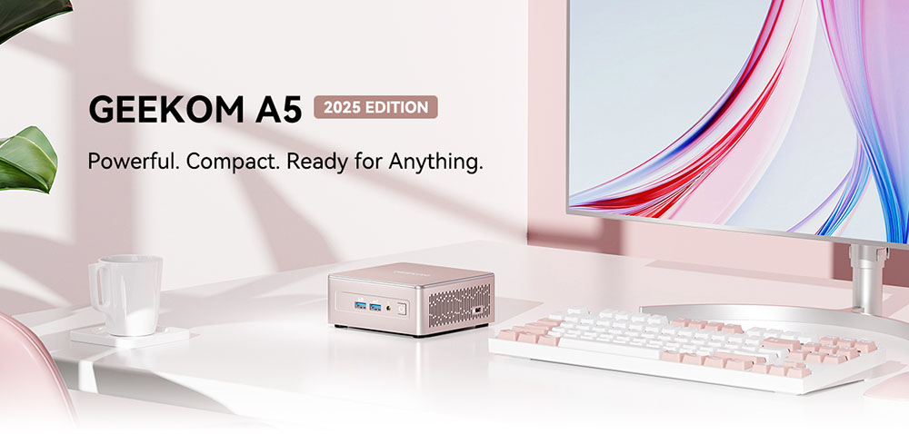 GEEKOM A5 Mini PC, AMD Ryzen 5 7430U 6 jadier max. 4,3 GHz, 16 GB RAM 512 GB SSD, WiFi 6 Bluetooth 5.2, 2*HDMI (4K) + 2*USB3.2 Type-C (8K) Quad Display, 3*USB 3.2 Type-A, 1*USB 2.0, 1*2.5G RJ45, 1*Čítačka kariet SD, 1*Slúchadlový konektor