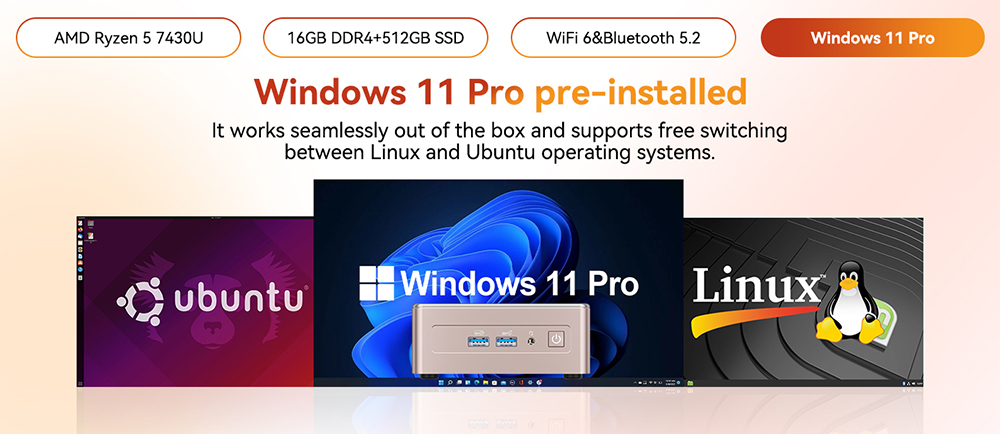 GEEKOM A5 Mini PC, AMD Ryzen 5 7430U 6 jadier max. 4,3 GHz, 16 GB RAM 512 GB SSD, WiFi 6 Bluetooth 5.2, 2*HDMI (4K) + 2*USB3.2 Type-C (8K) Quad Display, 3*USB 3.2 Type-A, 1*USB 2.0, 1*2.5G RJ45, 1*Čítačka kariet SD, 1*Slúchadlový konektor