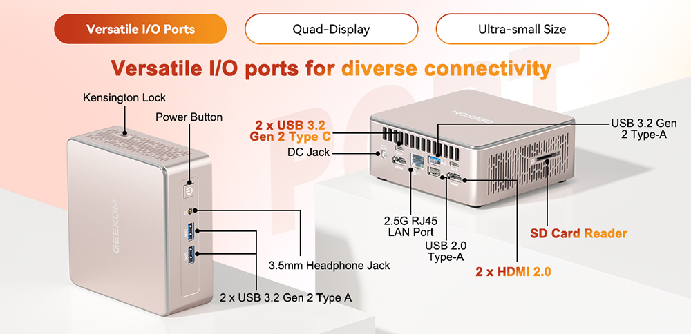 GEEKOM A5 Mini PC, AMD Ryzen 5 7430U 6 jadier max. 4,3 GHz, 16 GB RAM 512 GB SSD, WiFi 6 Bluetooth 5.2, 2*HDMI (4K) + 2*USB3.2 Type-C (8K) Quad Display, 3*USB 3.2 Type-A, 1*USB 2.0, 1*2.5G RJ45, 1*Čítačka kariet SD, 1*Slúchadlový konektor