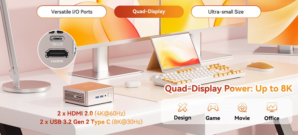 GEEKOM A5 Mini PC, AMD Ryzen 5 7430U 6 jadier max. 4,3 GHz, 16 GB RAM 512 GB SSD, WiFi 6 Bluetooth 5.2, 2*HDMI (4K) + 2*USB3.2 Type-C (8K) Quad Display, 3*USB 3.2 Type-A, 1*USB 2.0, 1*2.5G RJ45, 1*Čítačka kariet SD, 1*Slúchadlový konektor