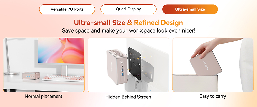 GEEKOM A5 Mini PC, AMD Ryzen 5 7430U 6 jadier max. 4,3 GHz, 16 GB RAM 512 GB SSD, WiFi 6 Bluetooth 5.2, 2*HDMI (4K) + 2*USB3.2 Type-C (8K) Quad Display, 3*USB 3.2 Type-A, 1*USB 2.0, 1*2.5G RJ45, 1*Čítačka kariet SD, 1*Slúchadlový konektor