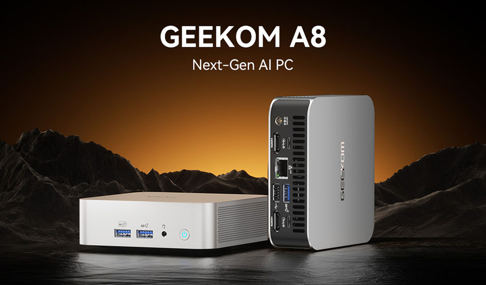 GEEKOM A8 AI Mini PC, AMD Ryzen 7 8745HS 8 jadier max. 5,1 GHz, 32 GB DDR5 RAM 1 TB SSD, USB3.2 Type-C(8K@30Hz) + USB4.0 Type-C(8K@30Hz) + 2*HDMI2.0(4K@60Hz) Displej so štyrmi obrazovkami, WiFi 6E Bluetooth5.2, 3*USB3.2 Type-A, 1*USB2.0, 1*RJ45, 1*Headset Jack