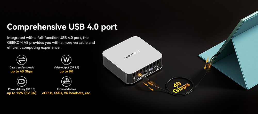 GEEKOM A8 AI Mini PC, AMD Ryzen 7 8745HS 8 jadier max. 5,1 GHz, 32 GB DDR5 RAM 1 TB SSD, USB3.2 Type-C(8K@30Hz) + USB4.0 Type-C(8K@30Hz) + 2*HDMI2.0(4K@60Hz) Displej so štyrmi obrazovkami, WiFi 6E Bluetooth5.2, 3*USB3.2 Type-A, 1*USB2.0, 1*RJ45, 1*Headset Jack