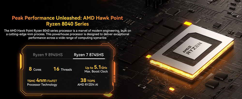 GEEKOM A8 AI Mini PC, AMD Ryzen 7 8745HS 8 jadier Max. 5.1GHz, 32GB DDR5 RAM 1TB SSD, USB3.2 Type-C(8K@30Hz) + USB4.0 Type-C(8K@30Hz) + 2*HDMI2.0(4K@60Hz) Displej so štyrmi obrazovkami, WiFi 6E Bluetooth5.2, 3*USB3.2 Type-A, 1*USB2.0, 1*RJ45, 1*Headset Jack