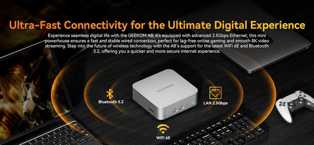 GEEKOM A8 AI Mini PC, AMD Ryzen 7 8745HS 8 jadier max. 5,1 GHz, 32 GB DDR5 RAM 1 TB SSD, USB3.2 Type-C(8K@30Hz) + USB4.0 Type-C(8K@30Hz) + 2*HDMI2.0(4K@60Hz) Displej so štyrmi obrazovkami, WiFi 6E Bluetooth5.2, 3*USB3.2 Type-A, 1*USB2.0, 1*RJ45, 1*Headset Jack