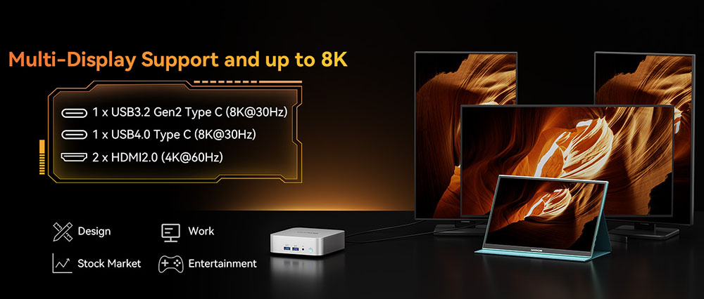 GEEKOM A8 AI Mini PC, AMD Ryzen 7 8745HS 8 jadier Max. 5.1GHz, 32GB DDR5 RAM 1TB SSD, USB3.2 Type-C(8K@30Hz) + USB4.0 Type-C(8K@30Hz) + 2*HDMI2.0(4K@60Hz) Displej so štyrmi obrazovkami, WiFi 6E Bluetooth5.2, 3*USB3.2 Type-A, 1*USB2.0, 1*RJ45, 1*Headset Jack