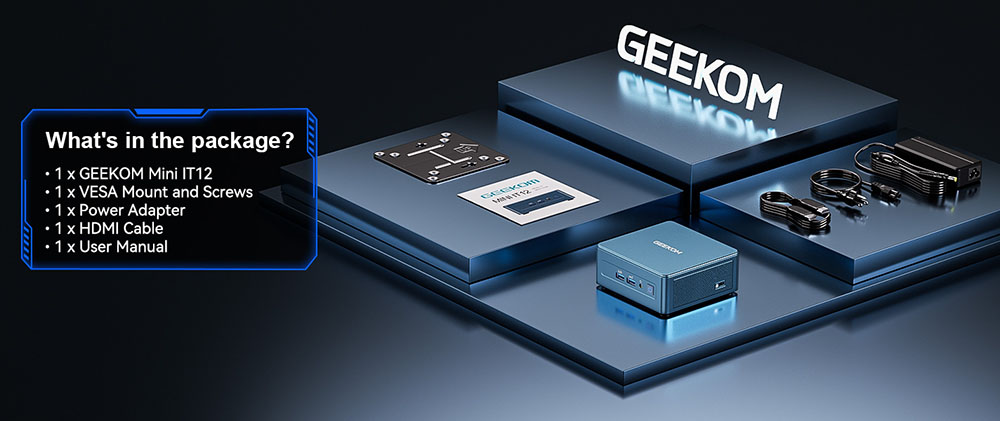 GEEKOM IT12 Mini PC, Intel Core i9-12900HK 14 jadier Max. 5.0GHz, 32GB RAM 1TB SSD, WiFi 6E Bluetooth 5.2, 2*USB4 + 2*HDMI2.0 Quad Screen Display, 3*USB3.2, 1*USB 2.0, 1*Čítačka kariet SD, 1*2,5G LAN, 1*3.5 mm konektor pre slúchadlá