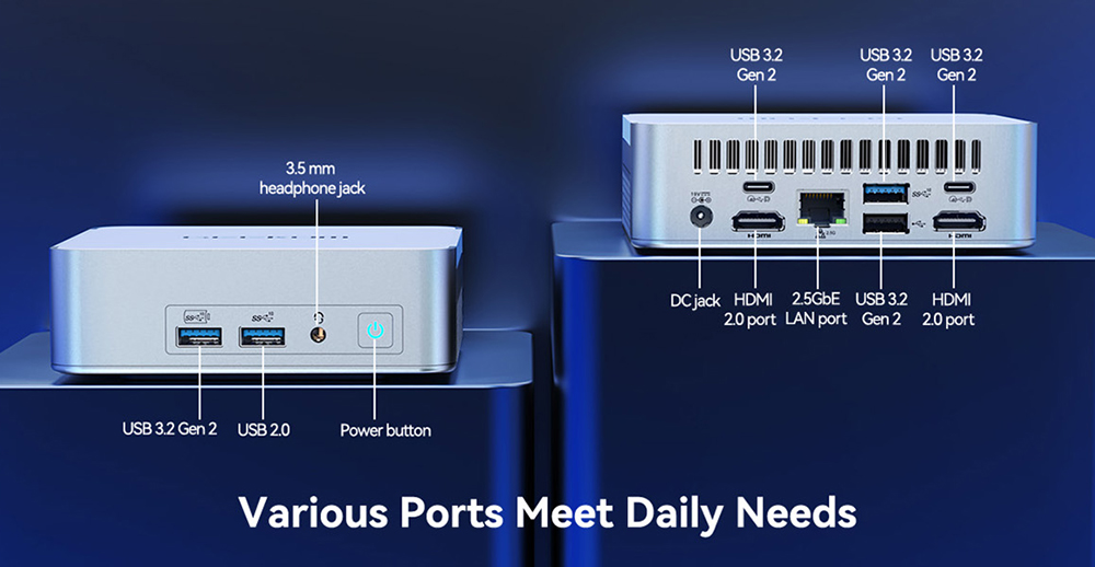 GEEKOM XT13 Pro Mini PC, Intel Core i9-13900HK 14 Core Max 5,4 GHz, 32 GB RAM 1 TB SSD, 2*USB 4 (8K)+2*HDMI 2.0 (4K) 4 obrazovky, WiFi 6E Bluetooth 5.2, 3*USB3.2, 1*USB2.0, 1*2,5G RJ45, 1*3.5 mm audio jack