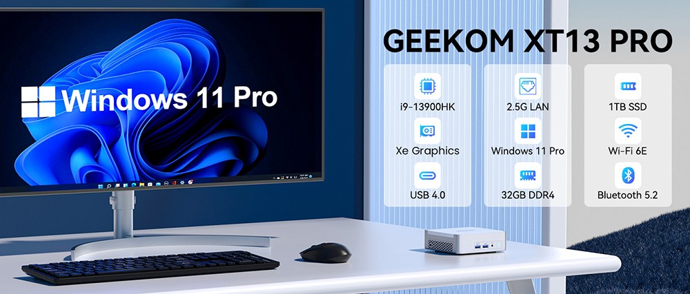 GEEKOM XT13 Pro Mini PC, Intel Core i9-13900HK 14 Core Max 5,4 GHz, 32 GB RAM 1 TB SSD, 2*USB 4 (8K)+2*HDMI 2.0 (4K) 4 obrazovky, WiFi 6E Bluetooth 5.2, 3*USB3.2, 1*USB2.0, 1*2,5G RJ45, 1*3.5 mm audio jack