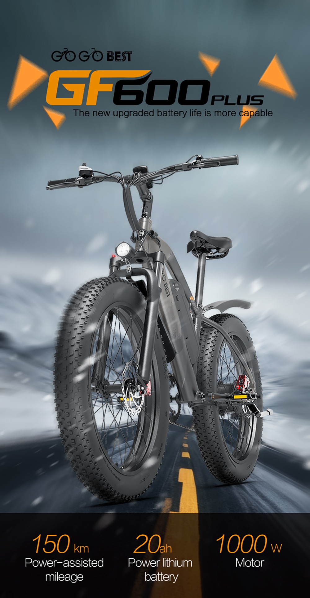 GOGOBEST GF600 Plus Electric Bike, 1000W Motor, 48V 20Ah, 26*4.0 palcové pneumatiky, max. rýchlosť 45 km/h, dojazd 150 km, hydraulické kotúčové brzdy, odpruženie olejovou pružinou, 7-stupňová prevodovka Shimano - čierno-oranžová