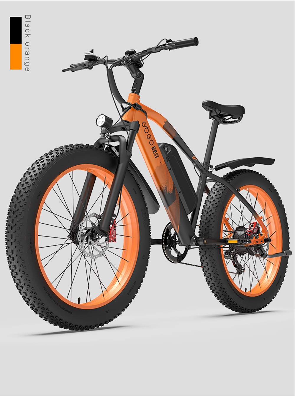 GOGOBEST GF600 Plus Elektrobicykel, 1000W motor, 48V 20Ah, 26*4,0 palcové pneumatiky, max. rýchlosť 45 km/h, dojazd 150 km, hydraulické kotúčové brzdy, odpruženie olejovou pružinou, 7-rýchlostný Shimano - čierno-oranžový