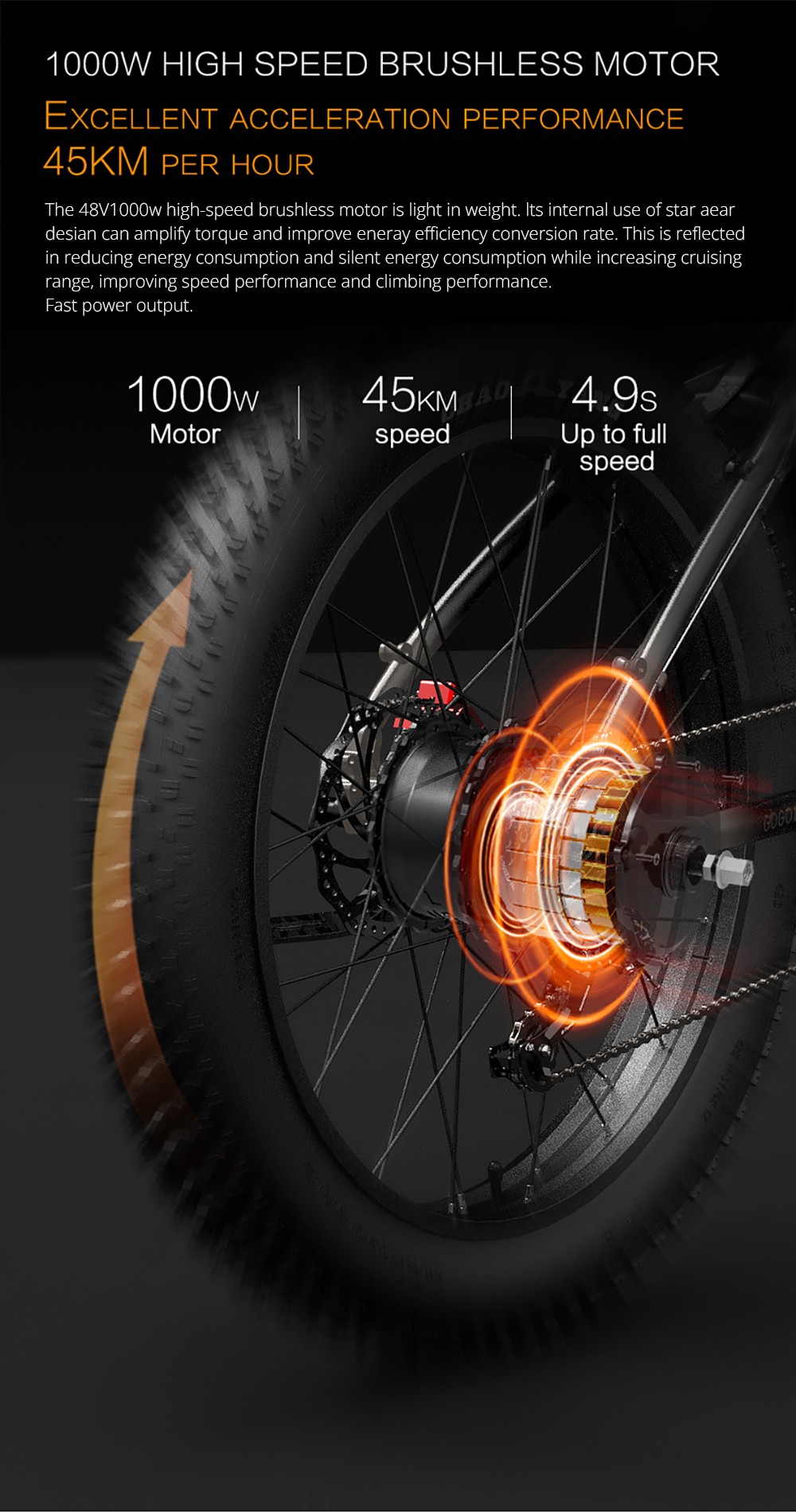 GOGOBEST GF600 Plus Electric Bike, 1000W Motor, 48V 20Ah, 26*4.0 palcové pneumatiky, max. rýchlosť 45 km/h, dojazd 150 km, hydraulické kotúčové brzdy, odpruženie olejovou pružinou, 7-rýchlostný prevod Shimano - čierno-oranžový