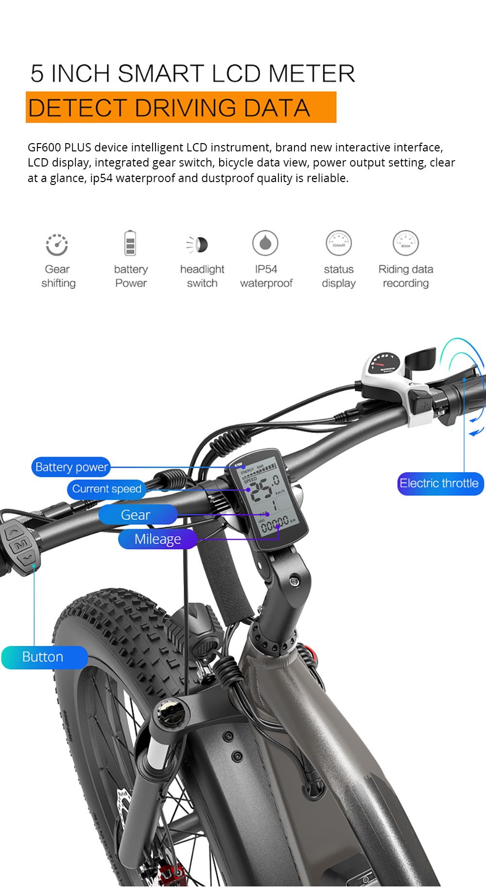 GOGOBEST GF600 Plus Electric Bike, 1000W Motor, 48V 20Ah, 26*4.0 palcové pneumatiky, max. rýchlosť 45 km/h, dojazd 150 km, hydraulické kotúčové brzdy, odpruženie olejovou pružinou, 7-rýchlostný prevod Shimano - čierno-oranžový