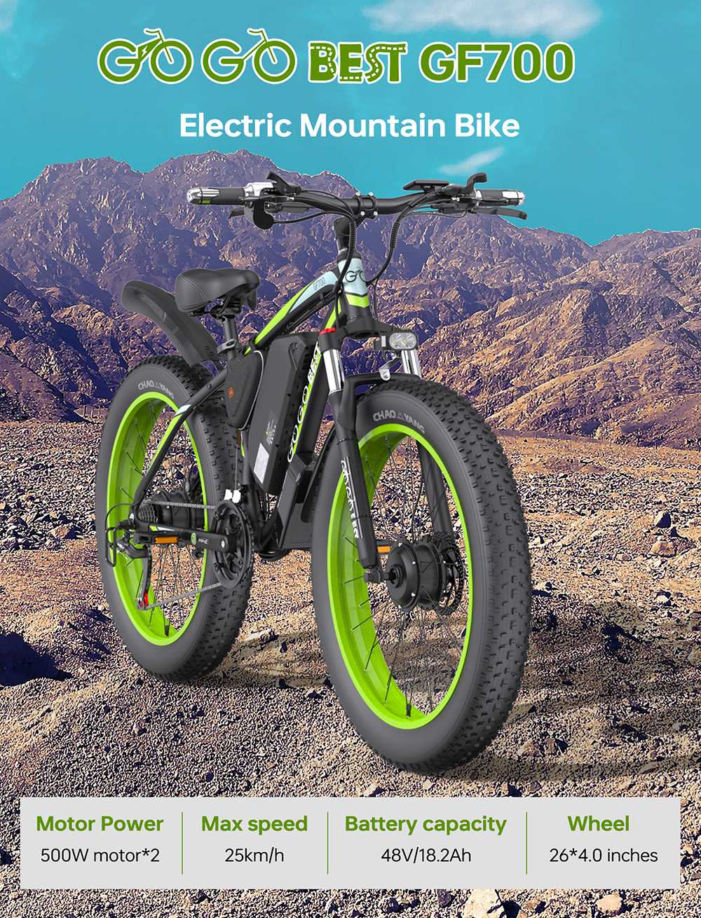 GOGOBEST GF700 Elektrický bicykel, 2*500W duálny motor, 48V 18,2Ah batéria, 26*4.0 palcové pneumatiky, max. rýchlosť 25 km/h, max. dojazd 70 km, mechanické kotúčové brzdy, odpruženie prednej vidlice, Shimano 21 rýchlostí - čierno-červený