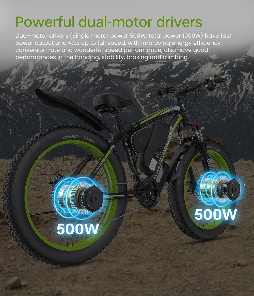 GOGOBEST GF700 Electric Bike, 2*500W Dual Motor, 48V 18.2Ah Battery, 26*4.0 palcové pneumatiky, max. rýchlosť 25 km/h, max. dojazd 70 km, mechanické kotúčové brzdy, odpruženie prednej vidlice, Shimano 21 rýchlostí - čierno-žltý