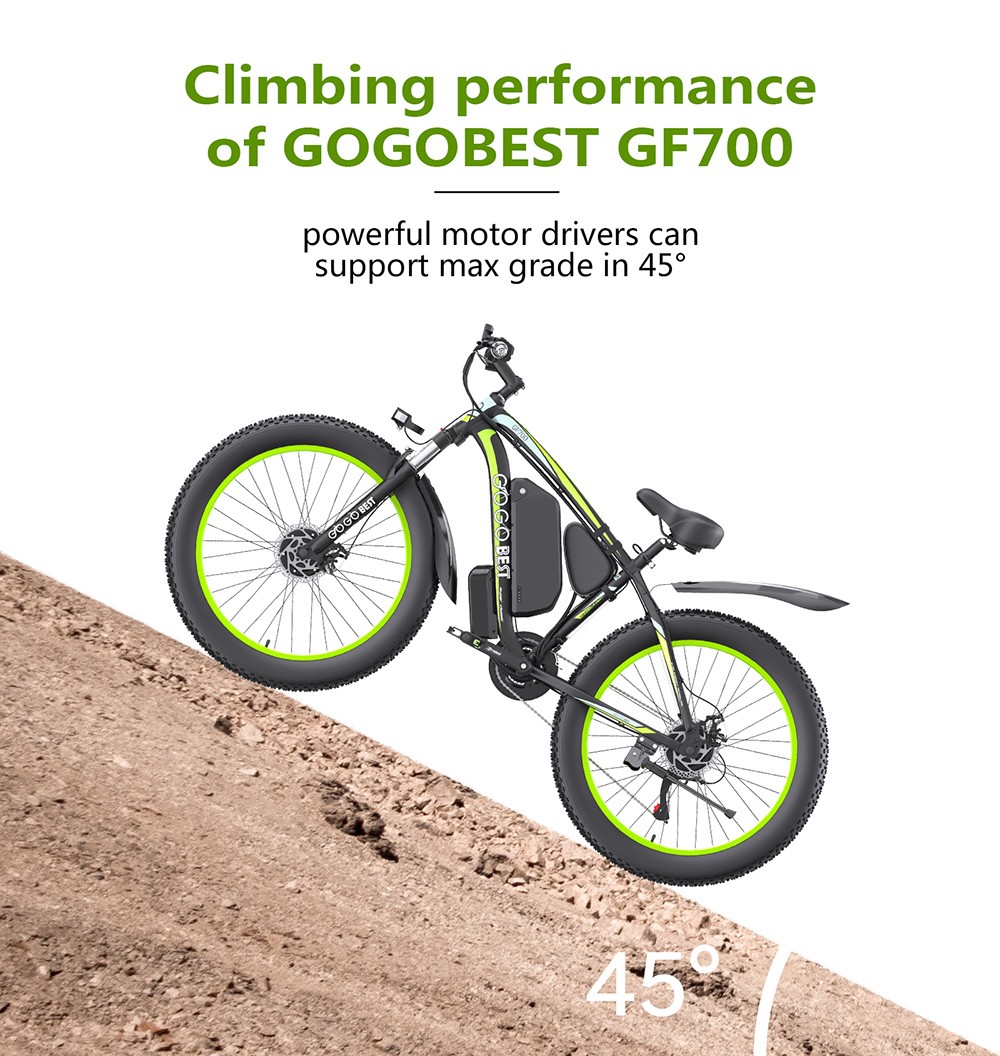 GOGOBEST GF700 Electric Bike, 2*500W Dual Motor, 48V 18.2Ah Battery, 26*4.0 palcové pneumatiky, max. rýchlosť 25 km/h, max. dojazd 70 km, mechanické kotúčové brzdy, odpruženie prednej vidlice, Shimano 21 rýchlostí - čierno-žltá