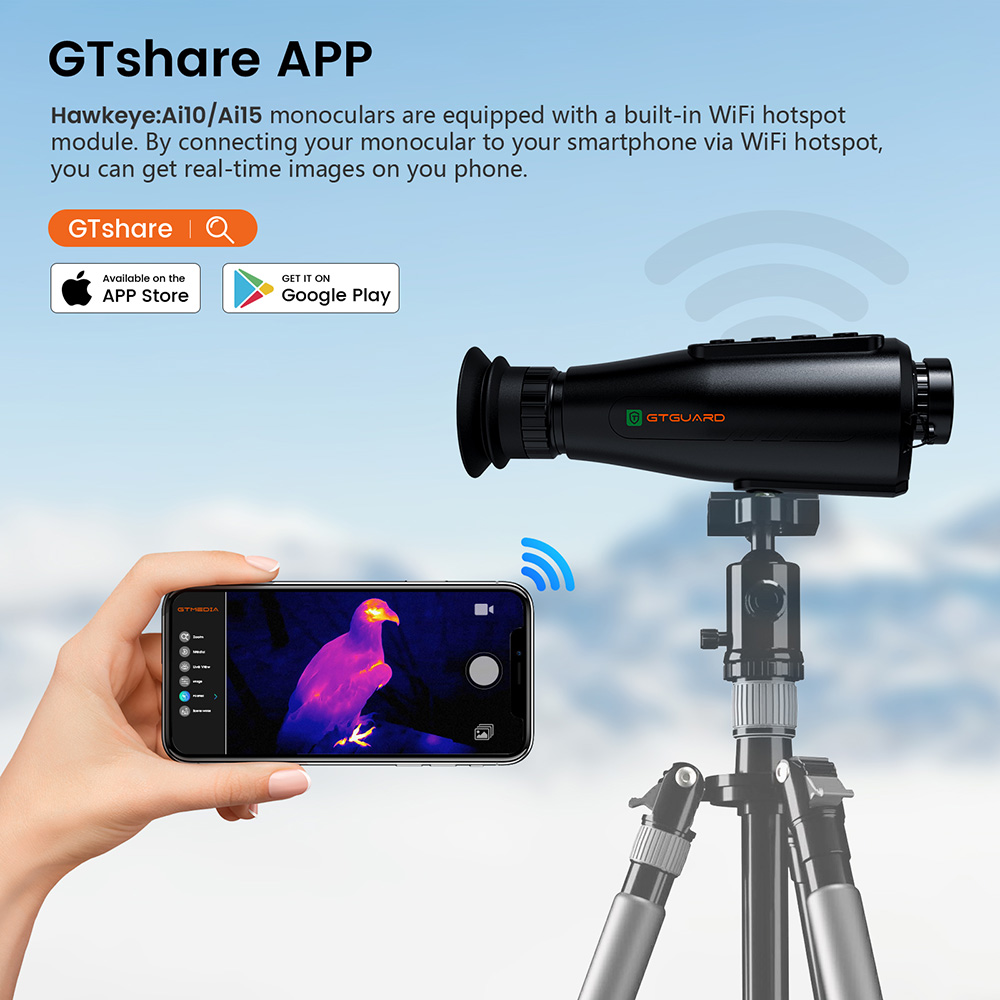GTGUARD AI15 Thermal Imaging Monocular, 384*288 IR nočné videnie, 60 Hz obnovovacia frekvencia, 8x zoom, IP66 vodotesný, 32 GB pamäť, 5 režimov, 4000 mAh batéria