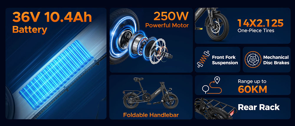 HillMiles Mile 1 Electric Bike, 250W Motor, 36V 10.4Ah batéria, 14 palcové pneumatiky, max. rýchlosť 25km/h, dojazd 60km, mechanické kotúčové brzdy, odpruženie prednej vidlice - čierny