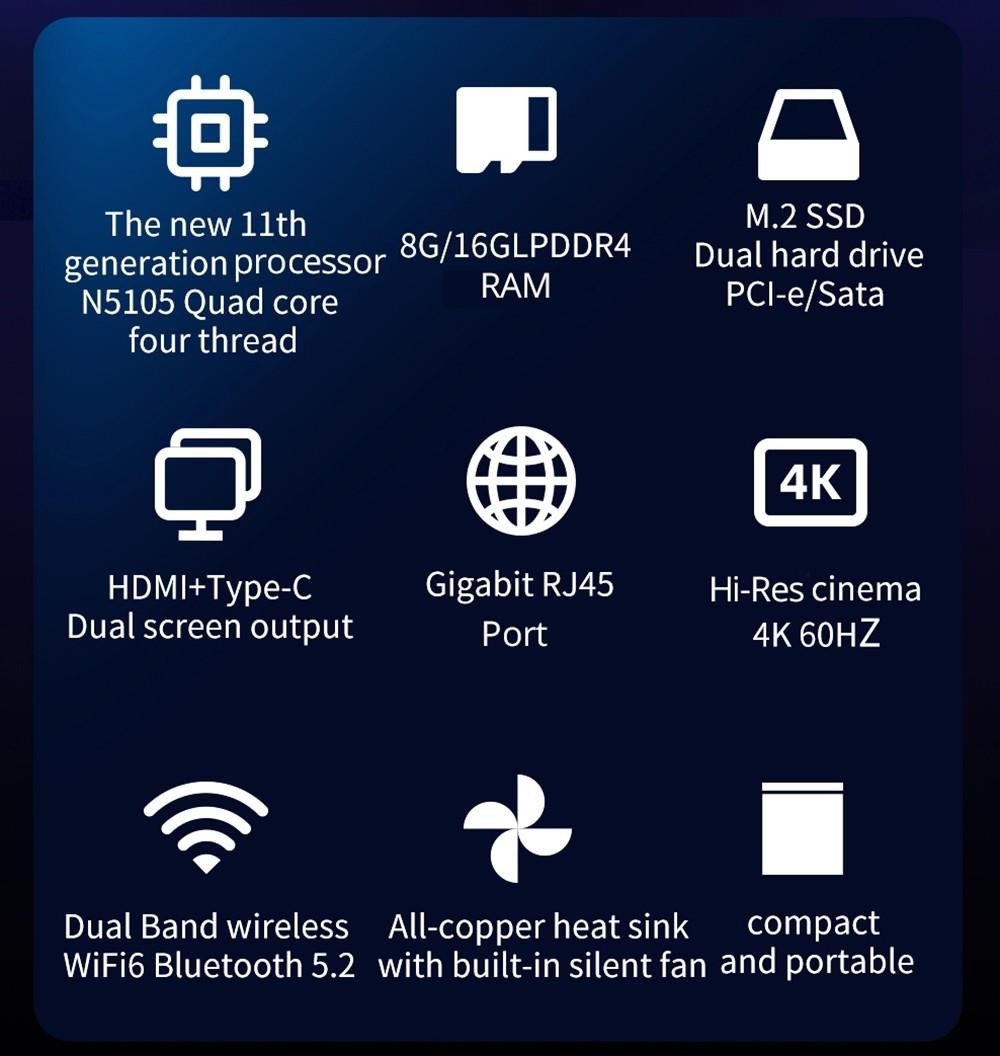 Refurbished JX1 MINI PC Windows 11 Pro 4K Mini PC Intel N5105 Intel UHD Graphics 8GB DDR4 512GB SSD WiFi 6 HDMI 2.0 Type-C - EU