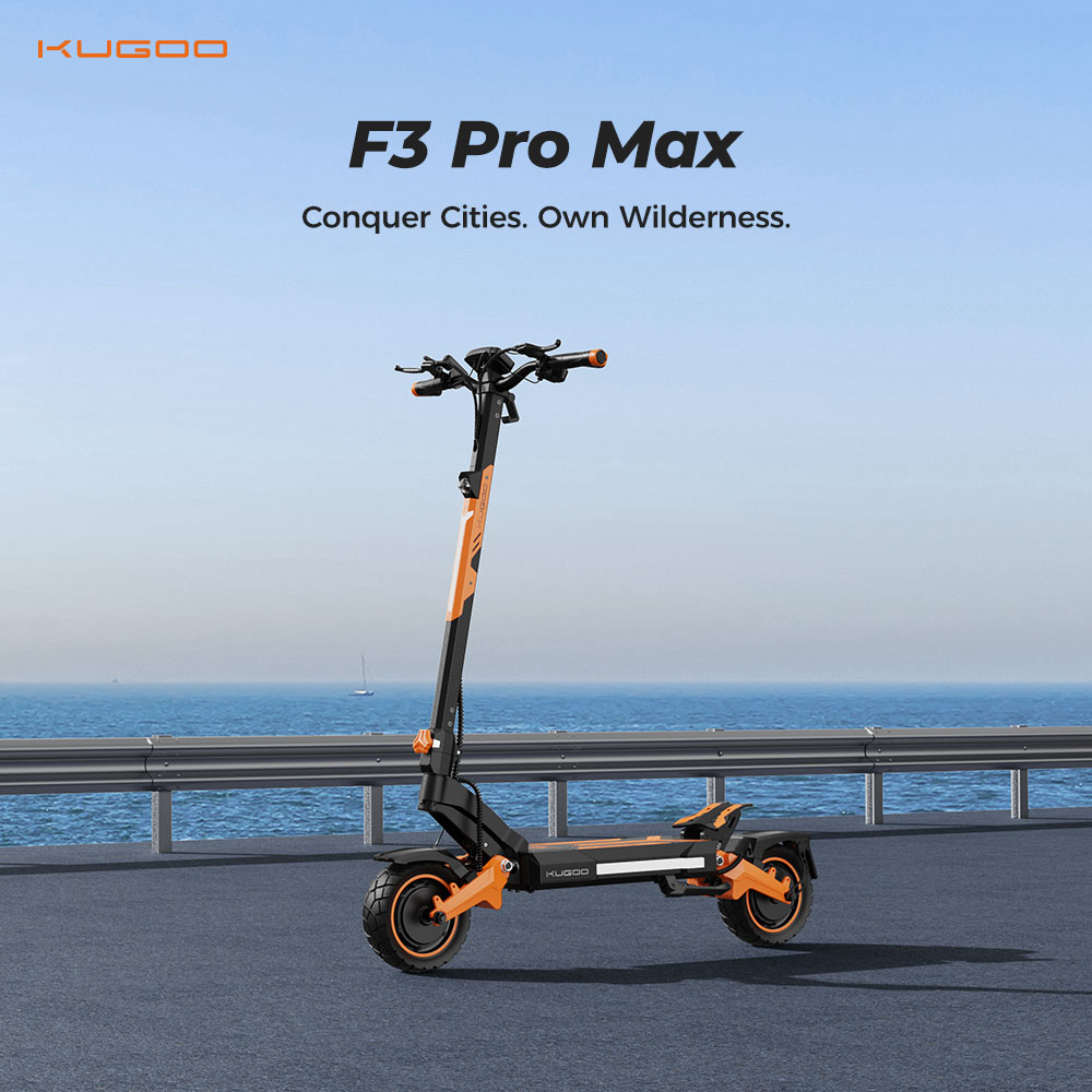 Elektrická kolobežka KUGOO F3 Pro Max, 2*1100W motor, 52V 23,4Ah batéria, 10-palcové pneumatiky, max. rýchlosť 68 km/h, dojazd 95 km, predné a zadné hydraulické kotúčové brzdy, odpruženie kyvného ramena