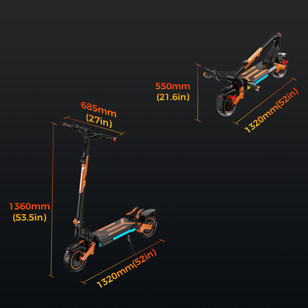 Elektrický skúter KUGOO F3 Pro Max, 2*1100W motor, 52V 23,4Ah batéria, 10-palcové pneumatiky, max. rýchlosť 68 km/h, dojazd 95 km, predné & zadné hydraulické kotúčové brzdy, odpruženie výkyvným ramenom