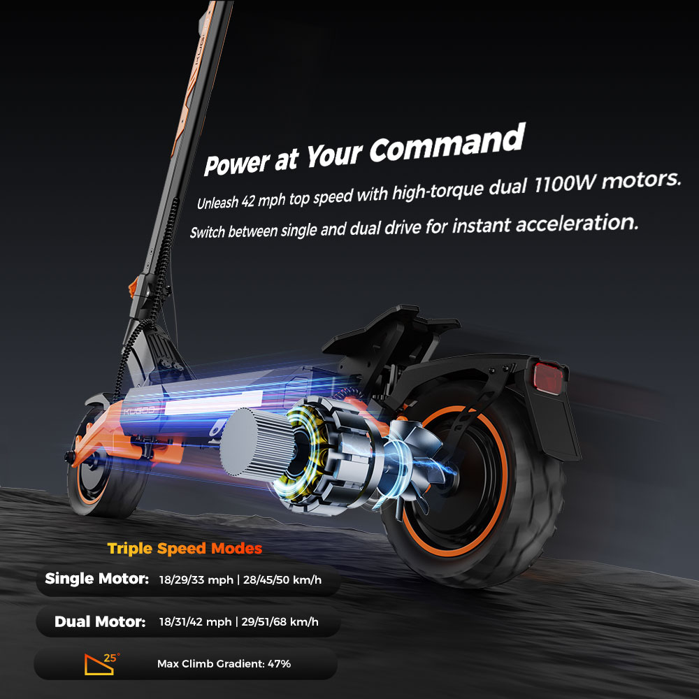 Elektrická kolobežka KUGOO F3 Pro Max, 2*1100W motor, 52V 23,4Ah batéria, 10-palcové pneumatiky, max. rýchlosť 68 km/h, dojazd 95 km, predné a zadné hydraulické kotúčové brzdy, odpruženie kyvného ramena