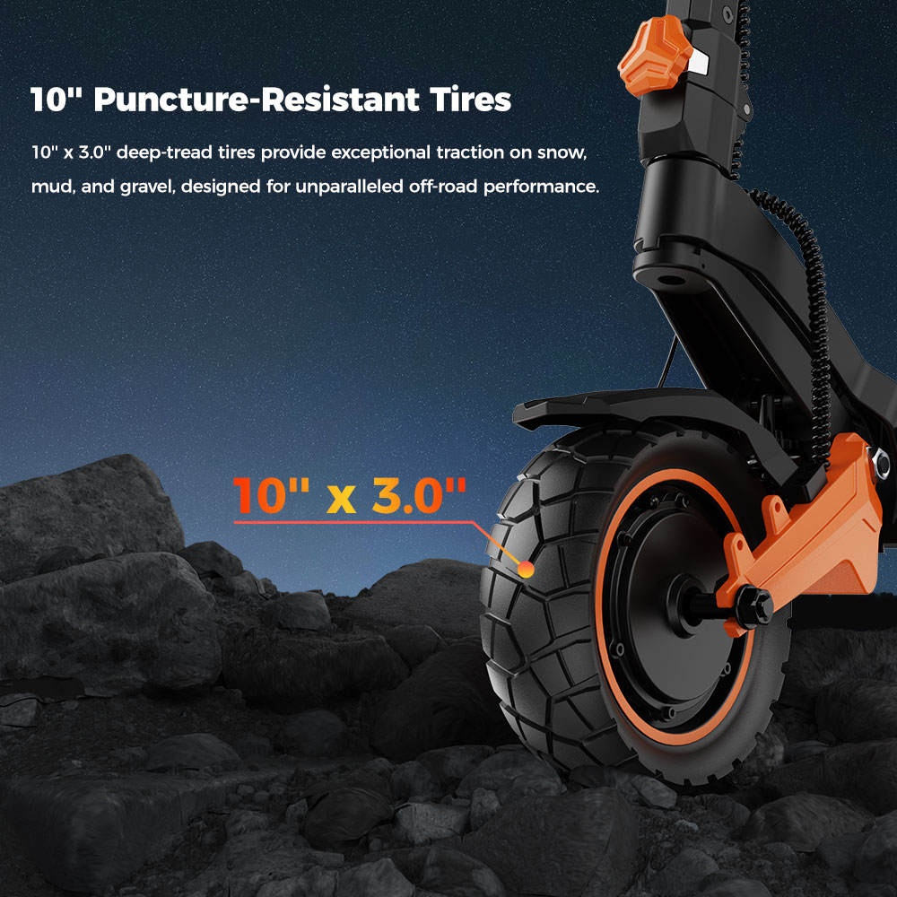 Elektrická kolobežka KUGOO F3 Pro Max, 2*1100W motor, 52V 23,4Ah batéria, 10-palcové pneumatiky, max. rýchlosť 68 km/h, dojazd 95 km, predné a zadné hydraulické kotúčové brzdy, odpruženie kyvného ramena