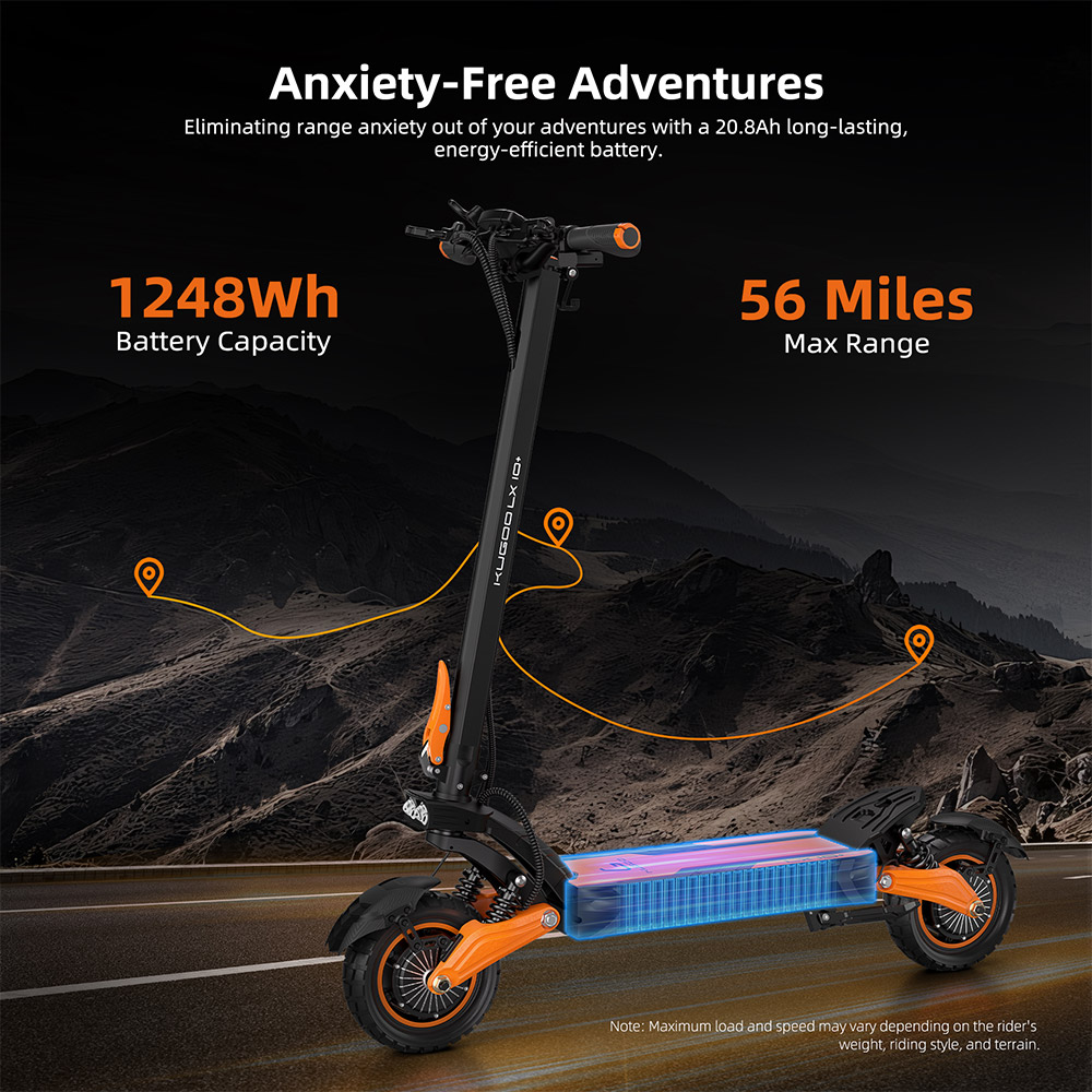 Elektrický skúter Kugoo LX10+, 2*1400W motor, 60V 20,8Ah batéria, 10-palcové pneumatiky, max. rýchlosť 72 km/h, dojazd 90 km, predné a zadné hydraulické kotúčové brzdy, odpruženie štyrmi pružinami