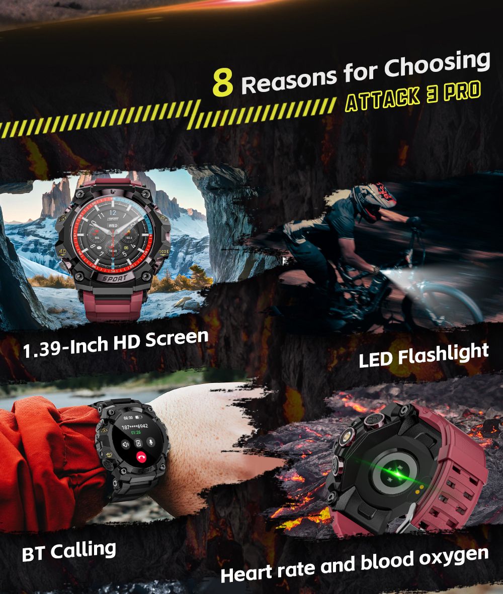 LOKMAT ATTACK 3 Pro Smartwatch, 1.39 inch HD Screen, Bluetooth Calling, Heart Rate Blood Oxygen Monitoring, 100+ Sports Modes, Al Voice Assistant - Black