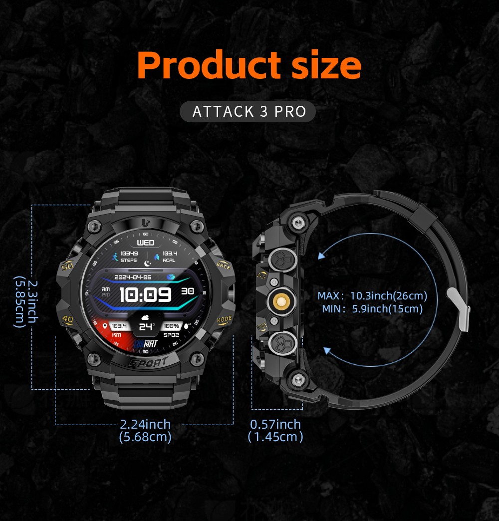 LOKMAT ATTACK 3 Pro Smartwatch, 1.39 inch HD Screen, Bluetooth Calling, Heart Rate Blood Oxygen Monitoring, 100+ Sports Modes, Al Voice Assistant - Black