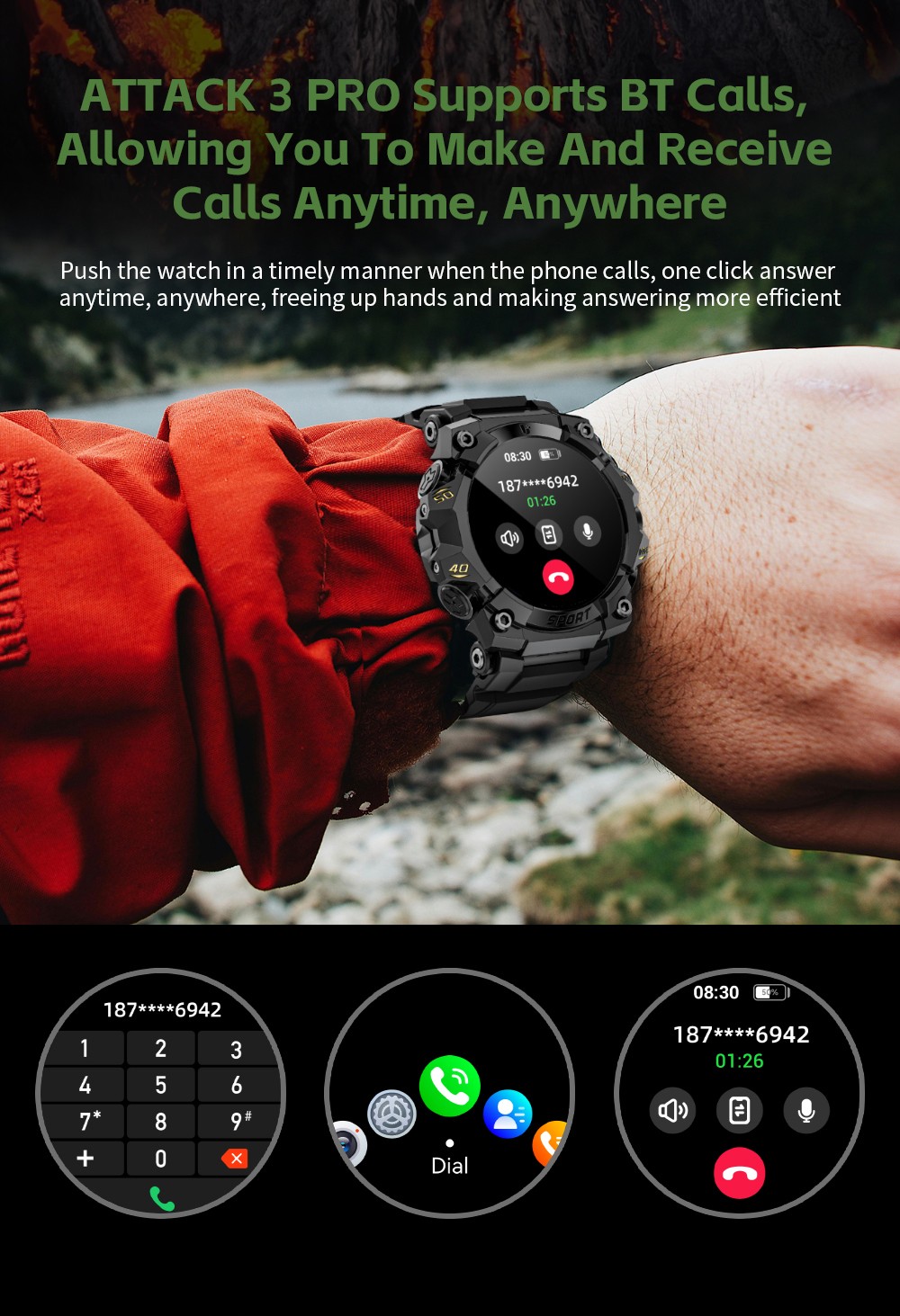 LOKMAT ATTACK 3 Pro Smartwatch, 1.39 inch HD Screen, Bluetooth Calling, Heart Rate Blood Oxygen Monitoring, 100+ Sports Modes, Al Voice Assistant - Black