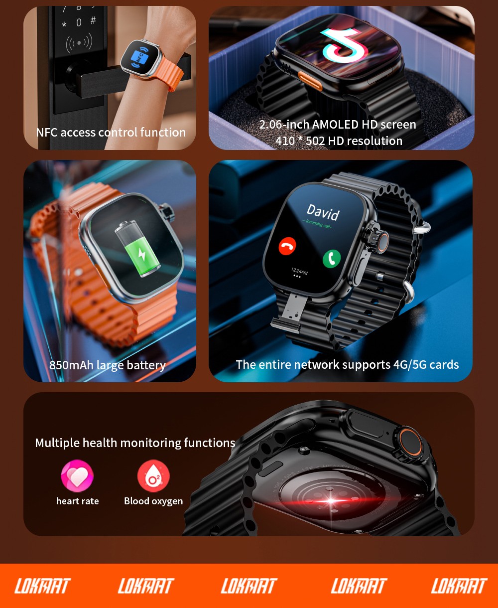 LOKMAT XH12C Smartwatch, 2.06 inch AMOLED Screen, 4G/5G Calling, Health Monitoring - Black Dial