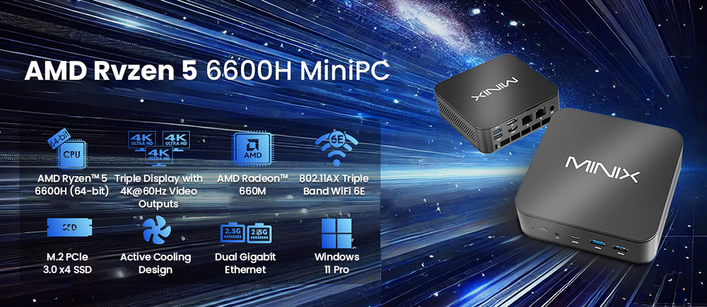 MINIX NGC NR660 Mini PC, jadrá AMD Ryzen 5 6600H Max. 4,5 GHz, 16 GB RAM 512 GB SSD, HDMI+DP+USB-C 4K@60Hz Triple Display, WiFi 6E Bluetooth 5.2, 3*USB 3.2 ,1*USB 2.0, 2*2,5G RJ45, 1*3.5 mm audio jack, s držiakom VESA