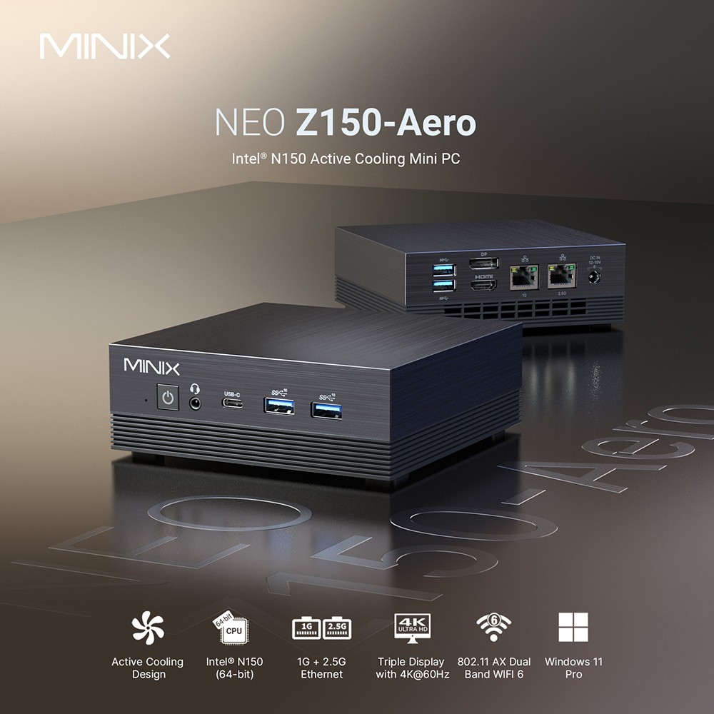 MINIX NEO Z150 Aero Mini PC, Intel N150 4 jadrá Max. 3,6 GHz, 16 GB RAM 512 GB SSD, HDMI+DP+USB-C Triple Screen Displej, WiFi 6 Bluetooth 5.2, 1G+2,5G Dual RJ45, 4*USB 3.2, 1*Audio Jack