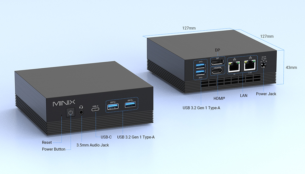 MINIX NEO Z150 Aero Mini PC, Intel N150 4 jadrá max. 3,6GHz, 16GB RAM 512GB SSD, HDMI+DP+USB-C Triple Screen Displej, WiFi 6 Bluetooth 5.2, 1G+2.5G Dual RJ45, 4*USB 3.2, 1*Audio Jack